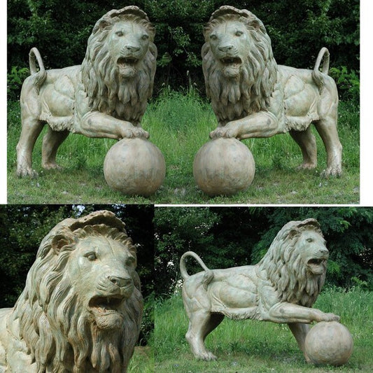 Standing Pair Of Lions With Ball Bronzes