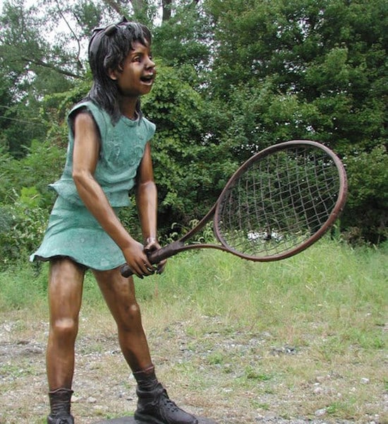 View of Girl Swinging a Tennis Racket Bronze Statue tribute monumental