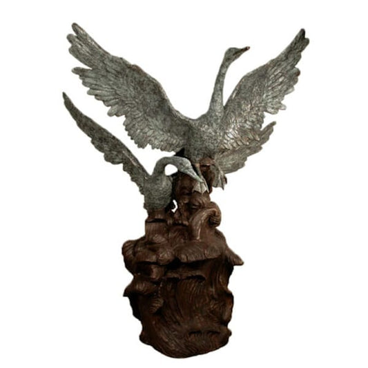 Two Swans Taking Off Bronze Sculpture Piped Water Feature Statue