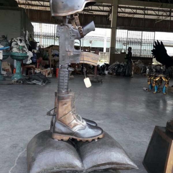 War Memorial Battle Cross Modern Boots Gun Sandbags Statue