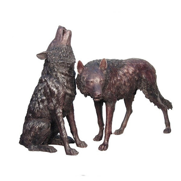 Duo Wolf Pair Bronze Sculptures Pair Wolves Set Garden Howling life size