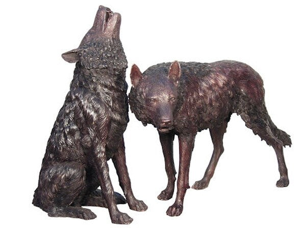 Two Wolf Pair Bronze Sculptures Pair Wolves Set Garden Howling life size