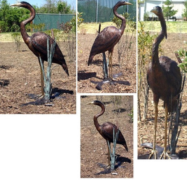 Heron Bronze Sculpture Standing in Reeds Wetland Bird Life size