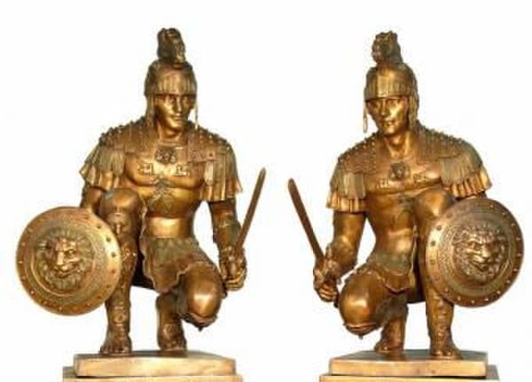 Set of Spartan and Warrior statues featuring Greek and Roman swords, shields, and helmets