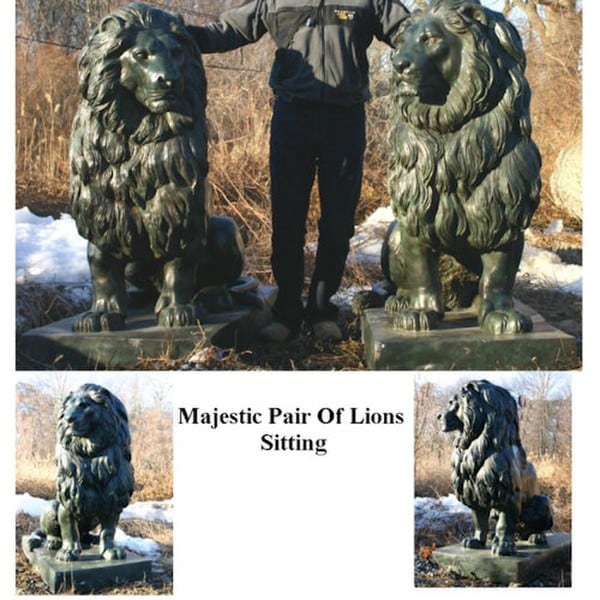 Size comparison of lion set to a human being bronze sculptures statues