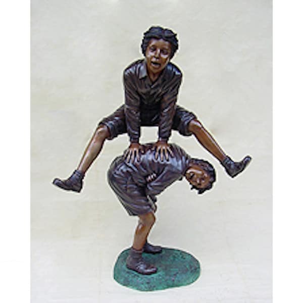 Leapfrog Boys Bronze Garden sculpture captures two mid-leap statue
