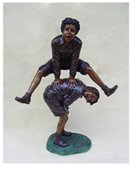 Leapfrog Boys Bronze Garden Sculpture captures two mid-leap children