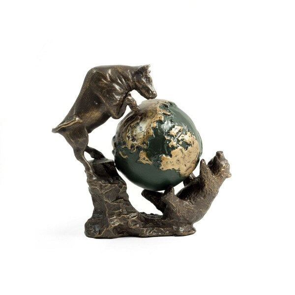 Bronzed Finished Bull & Bear Fight Sculpture with Globe Winner Market