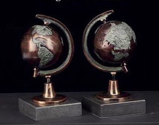 Globe Bookends Bronze On Marble Bases Sculptures