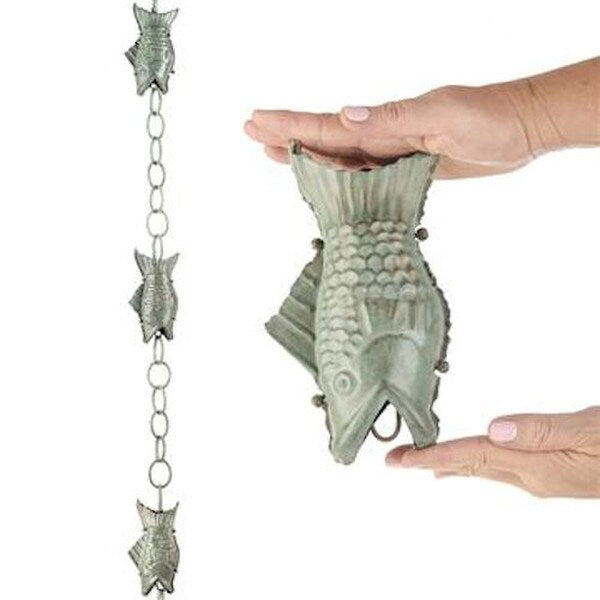 Fish Blue Verde Pure Copper elegantly cascade down chain downspout