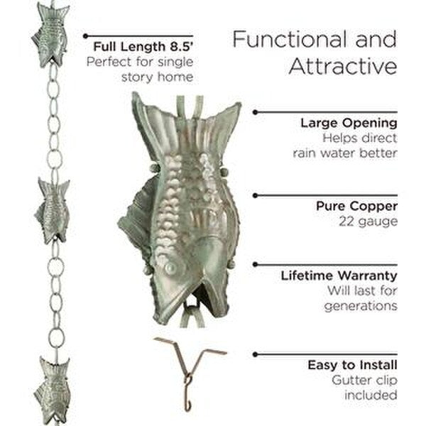 Sculptural Fish Blue Verde Pure Copper Pisces Decorative Downspouts