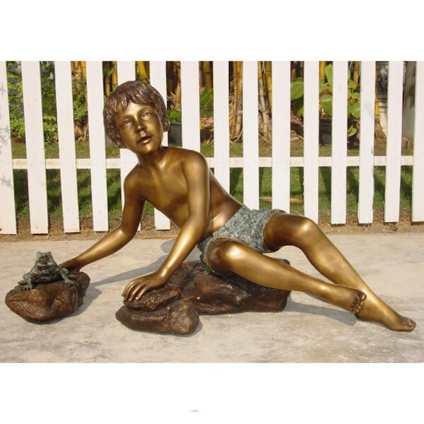 Bronze Boy on Rocks with Frog Water Feature Statue Fountain for Ponds
