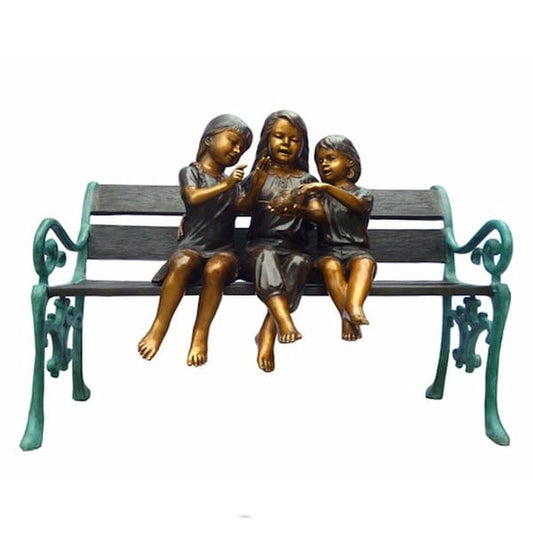 Bronze Three Girls on Bench Playing with Bird Sculpture sisters nostalgic