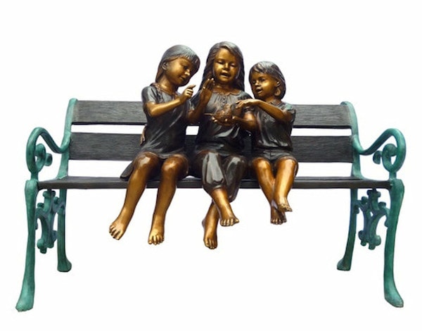 Bronze Three Girls on Bench Playing with Bird Sculpture Sister holding