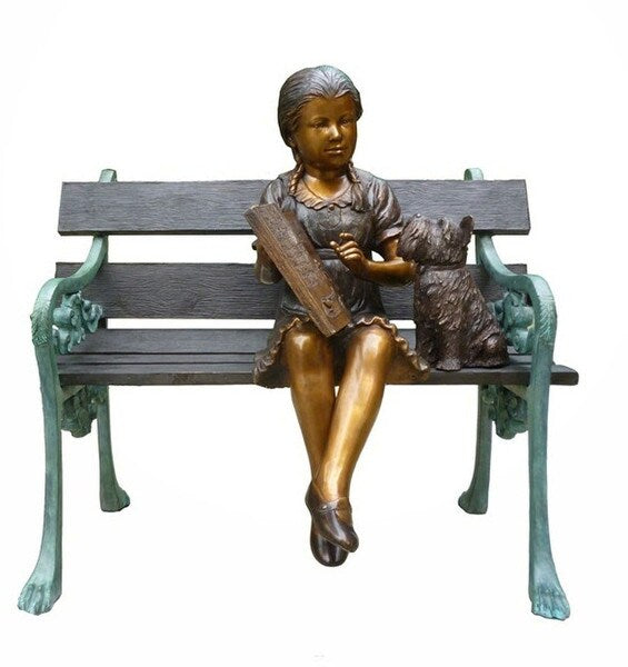 Bronze Reading Girl Sitting on Bench with Dog Sculpture Pet Statue