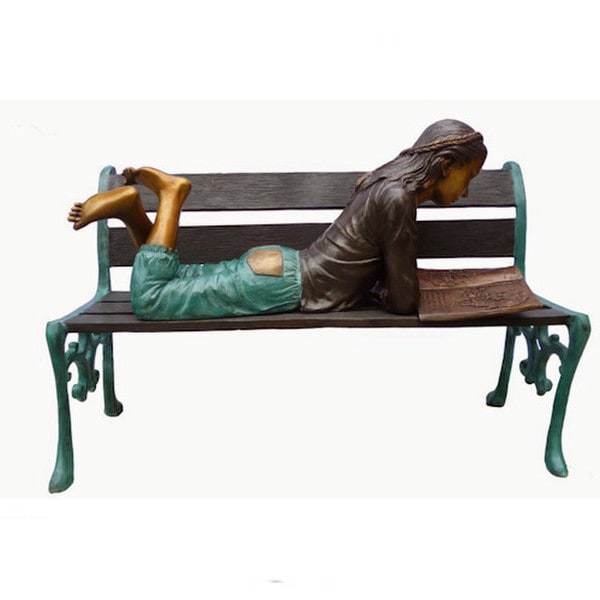 Bronze Girl reading on park bench book garden statue high end sculpture