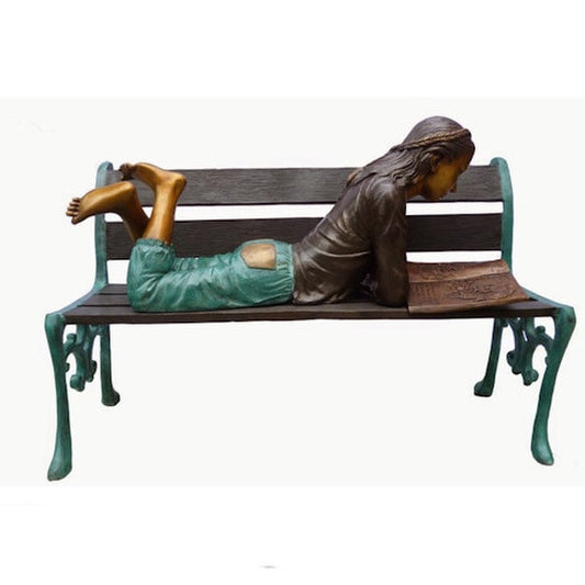 Bronze Girl reading on park bench book garden statue high end sculpture