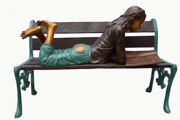 Bronze Girl Reading on Belly Garden Statue with Braids School Sculpture