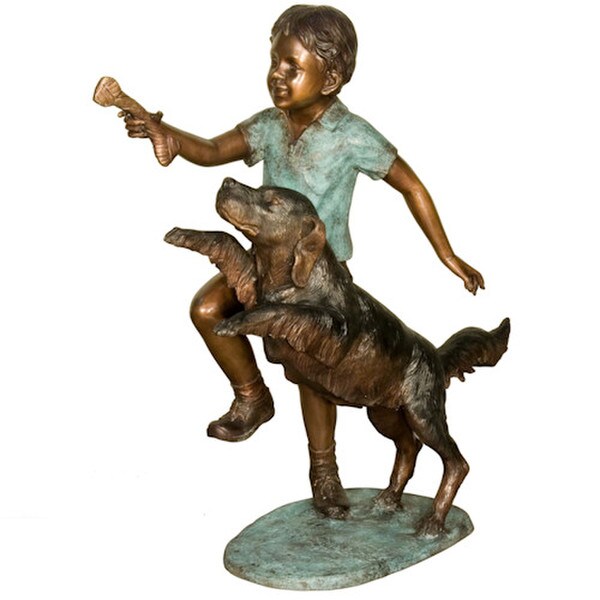 Bronze Boy Playing with Dog Sculpture holding bone in hand running