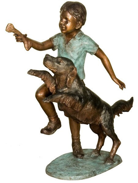 Bronze Boy Playing with Dog Sculpture playful statue best friends