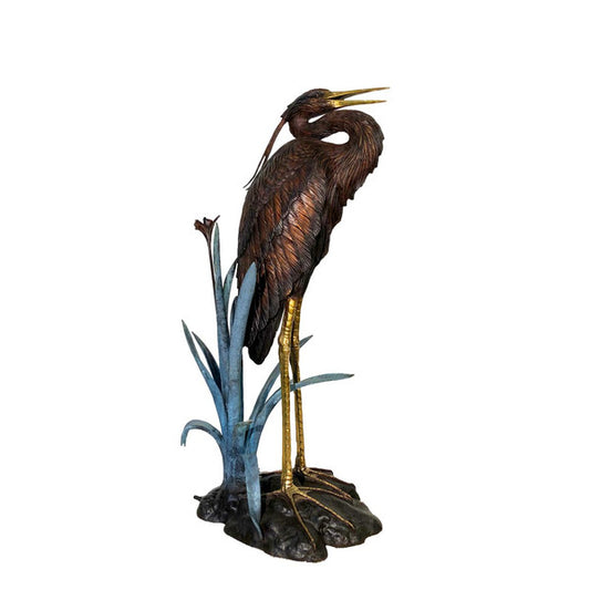 Heron in Grass Fountain Bronze Statue Piped Garden Water Feature