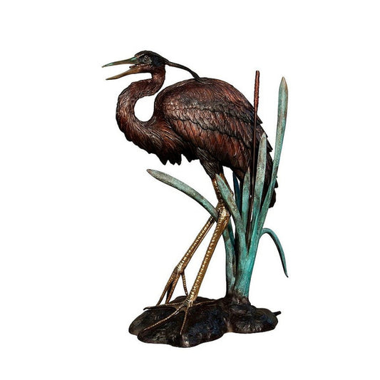 Heron in Grass Head Down Fountain Bronze Statue