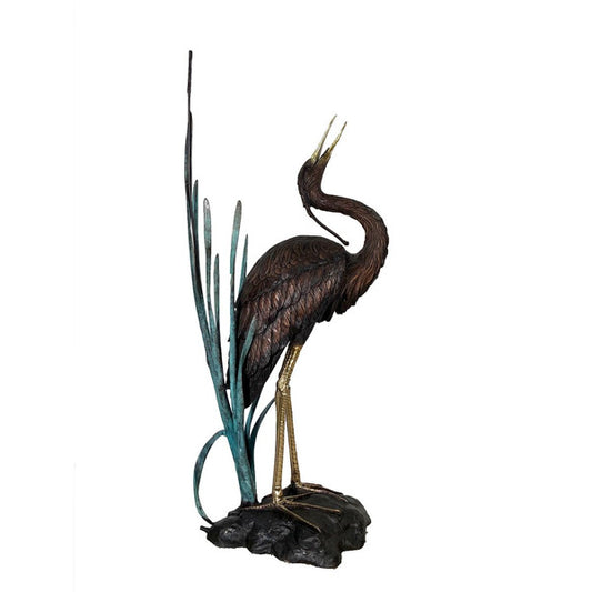 Heron in Grass Head Up Fountain Bronze Statue