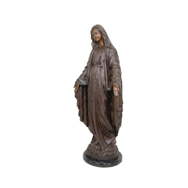 Madonna with Marble Base Bronze Statue Virgin Mary Religious Sculpture
