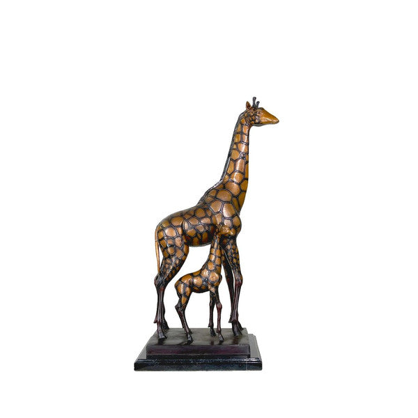 Sculpture of a Giraffe with its calf baby bronze herbivores black base