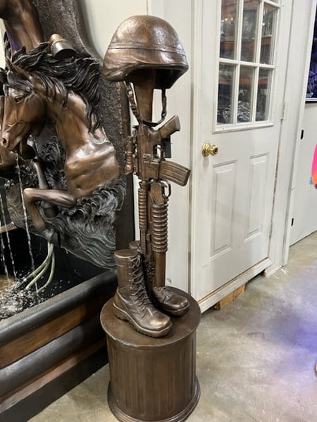 Battle Cross Boots War Memorial Sculpture Bronze Gun and Helmet Statue