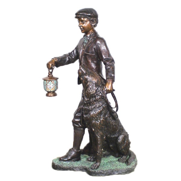 Boy with Dog Lamp Bronze Sculpture holding lantern statue campion