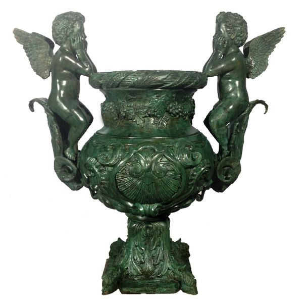 Cupid Urn Set Bronze Statues Green Coloring Patina Sculptural Cherubs