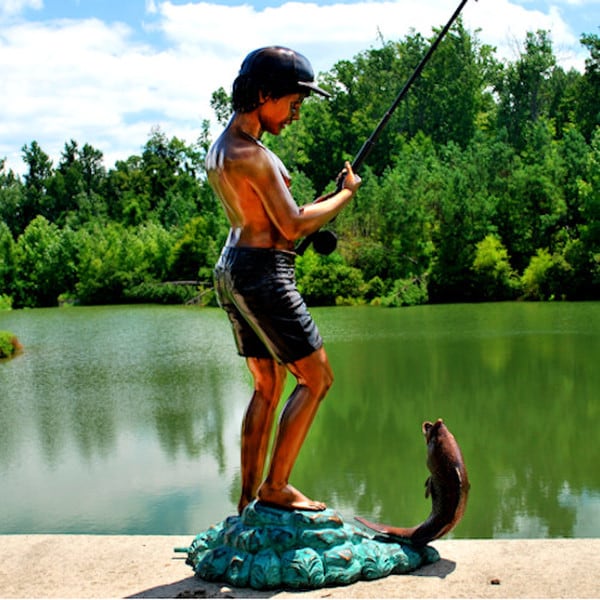 Boy Fishing Water Feature Fountain Bronze Statue centerpiece for garden