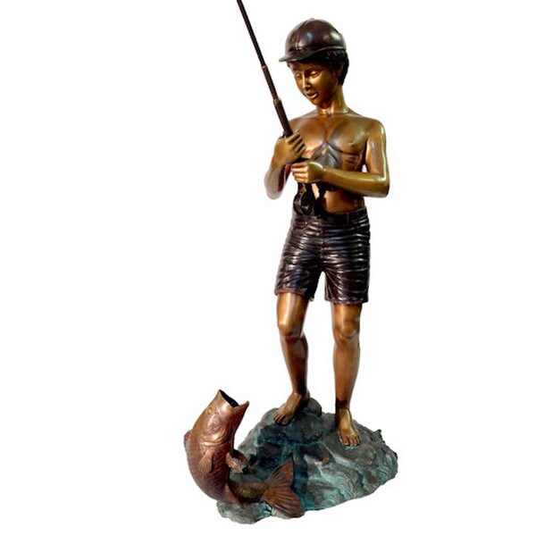 life-sized Boy Fishing Water Feature Fountain Bronze Statue Spouting
