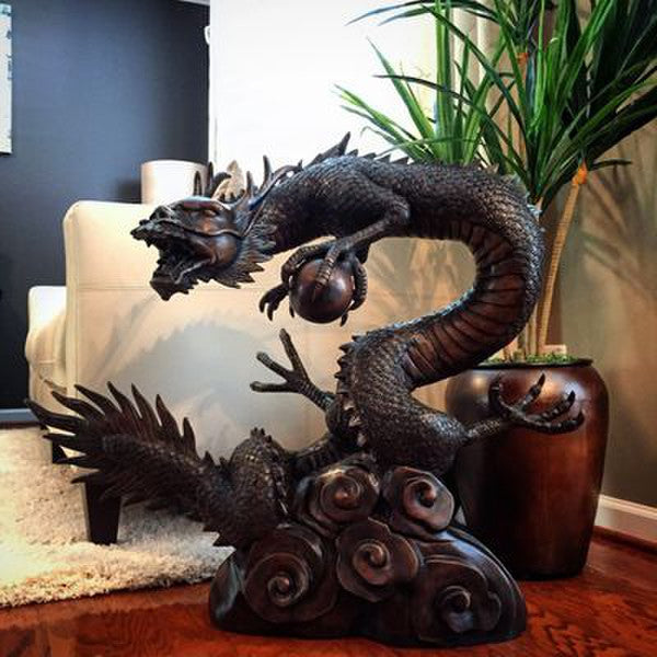 Large Bronze Asian dragon with orb Chinese sculpture High quality statue