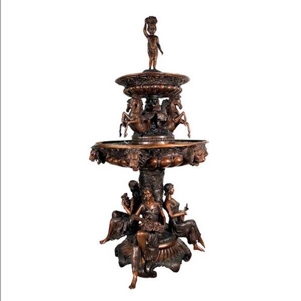 Bronze Lady Musician & Horses Fountain Galloping Cherub sculpture