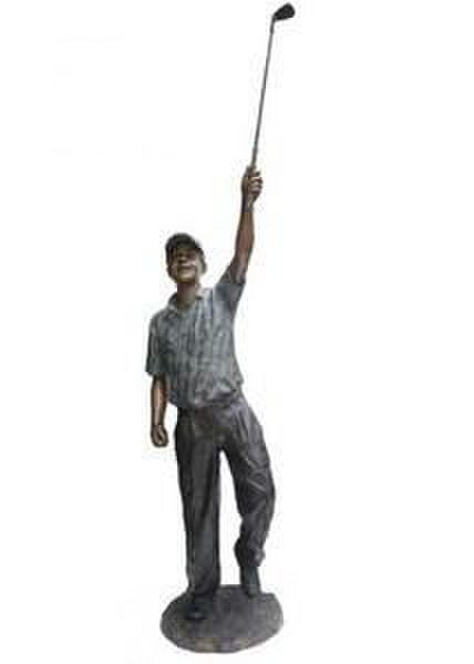 Life size bronze golfer boy with club raised straight up in celebration