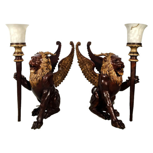 Winged Lion Torchiere Set Bronze Statues