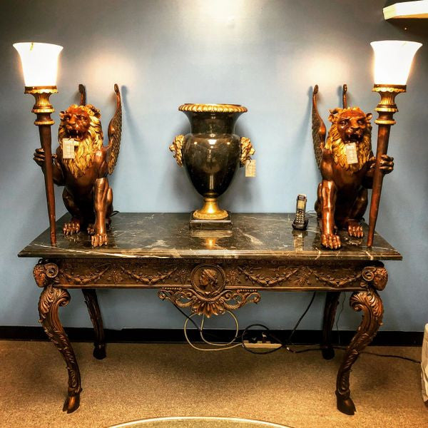 Winged Lion Torchiere Set Bronze Statues