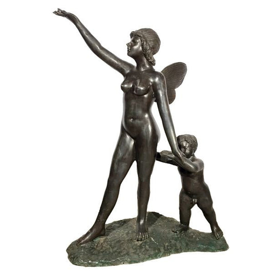 Sculpture Fairy with Cherub nude boy statue guiding Female Leading
