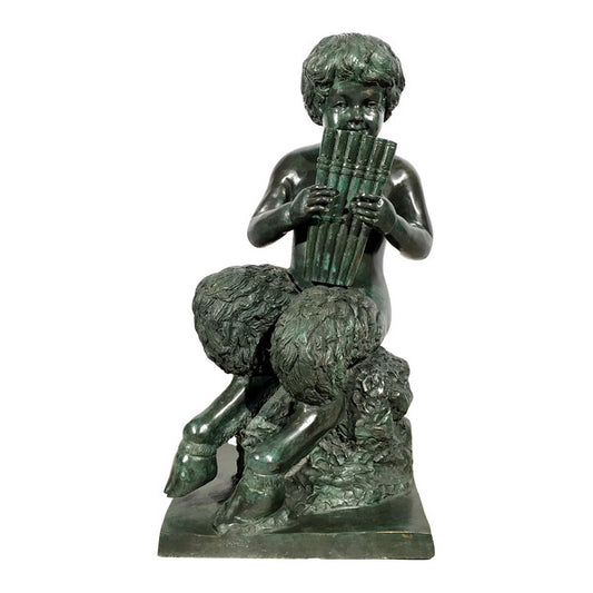 Pan flute romantically mischievous imp half goat boy statue bronze music