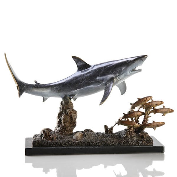 Shark with Prey Brass Statue on Marble Base Swimming Fish Decorative