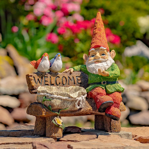 Gnome Statue with Welcome Sign & Birdbath
