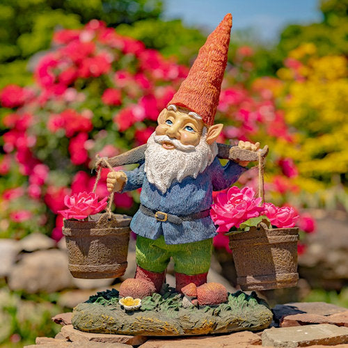 Gnome Statue Holding Two Buckets Planters