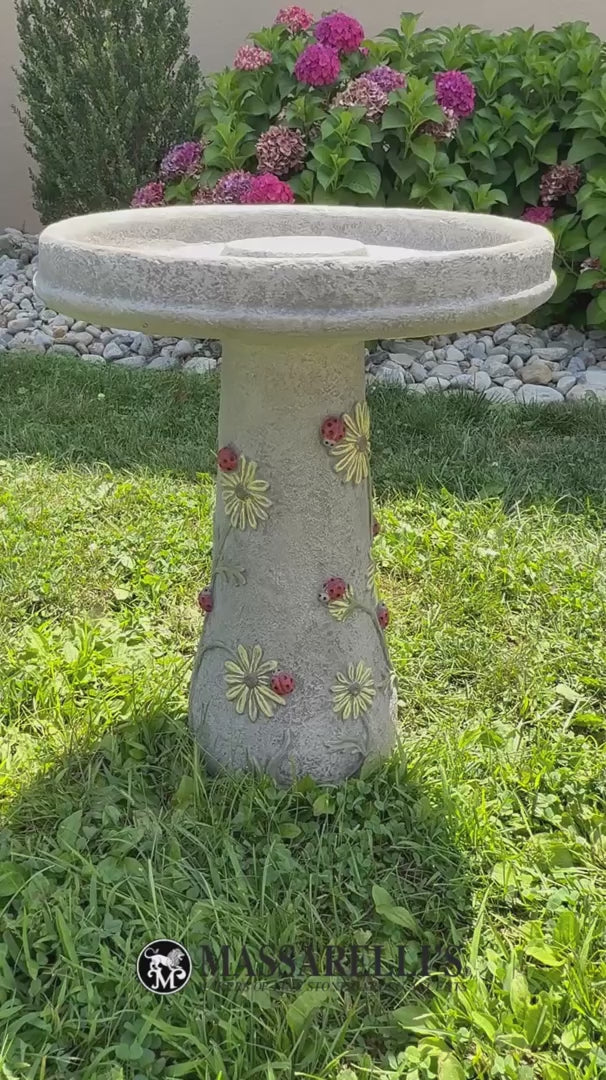 Video of Whimsical cement Ladybugs Bird Bath with floral reliefs made in America by Massarelli