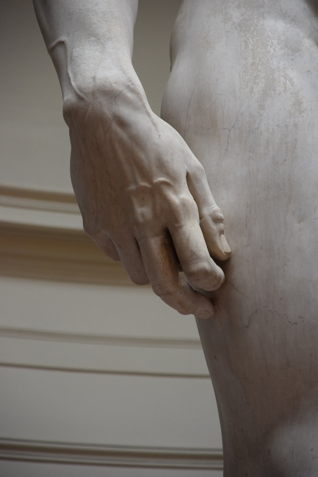 Zoomed in close up of The David by Michelangelo's hand.  David's veins are very visible, highlighting the incredible detail of the sculpture. 