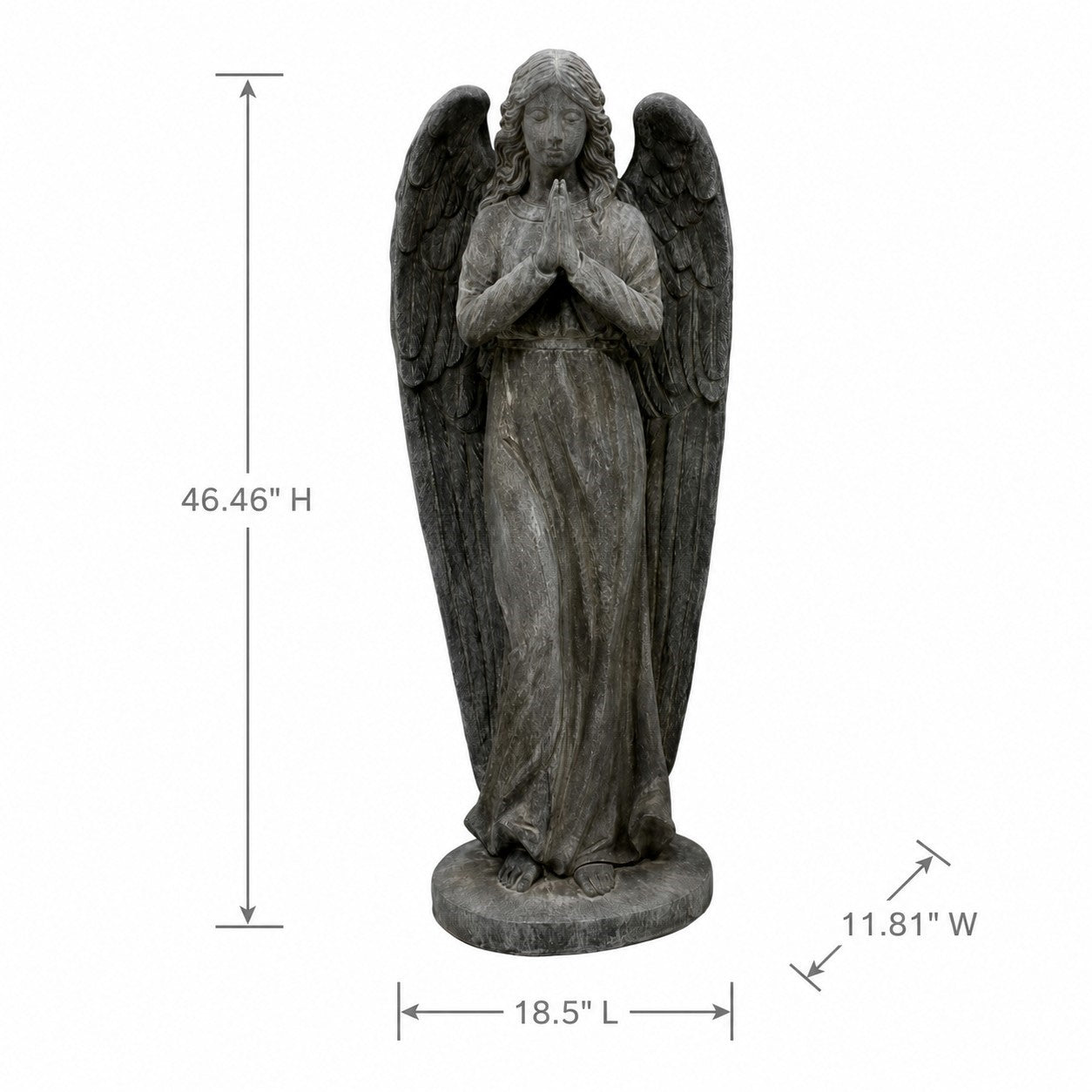 A gray stone-look angel statue with wings and a praying pose, shown on a white background with dimension lines indicating 46.46 inches height, 18.