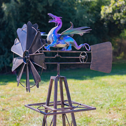 61.8" Iron Windmill with Flapping Iridescent Dragon & Weather Vane