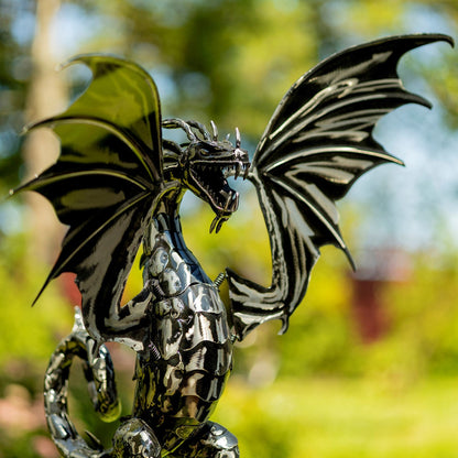 Iron Dragon Kinetic Garden Sculpture with Flapping Wings