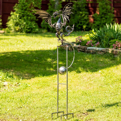 Tall Iron Dragon Swing Stake kinetic sculpture with Tail Up "Sunfyre" - angle 7